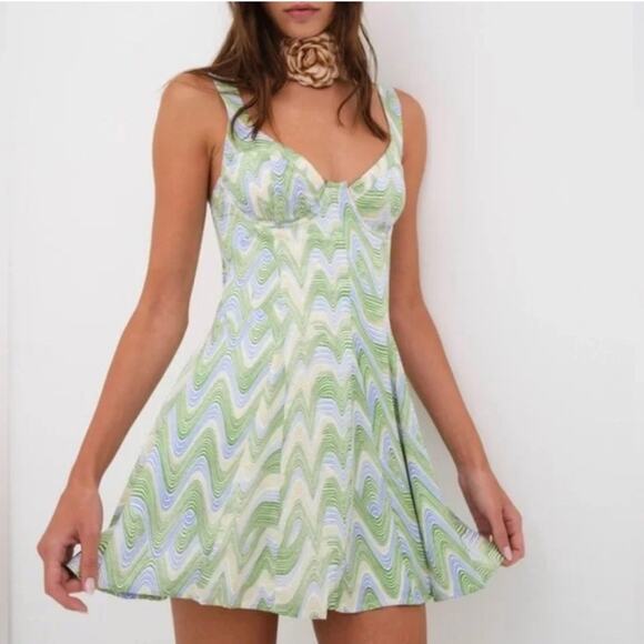 For Love & Lemons Green Bustier Yori Chevron Mini Dress Sz Large MSRP $212 - Picture 3 of 16